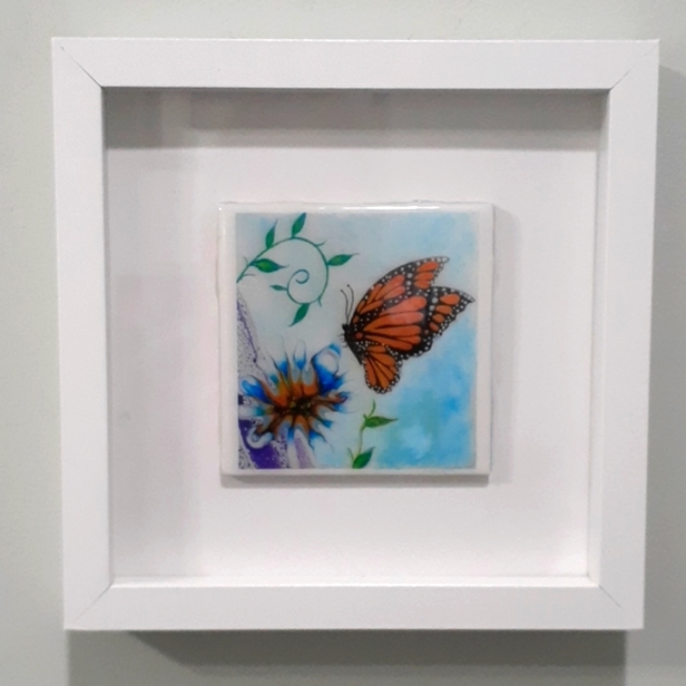 Hand Crafted Framed Butterfly Coaster Ceramic Tile Resin Fluid Wall Art Painting